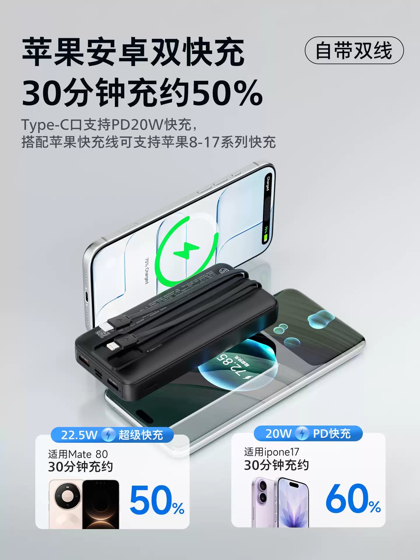 2026新款飞利浦充电宝快充20000毫安大容量自带双线便携移动电源适用安卓小米苹果3C国标认证可上飞机