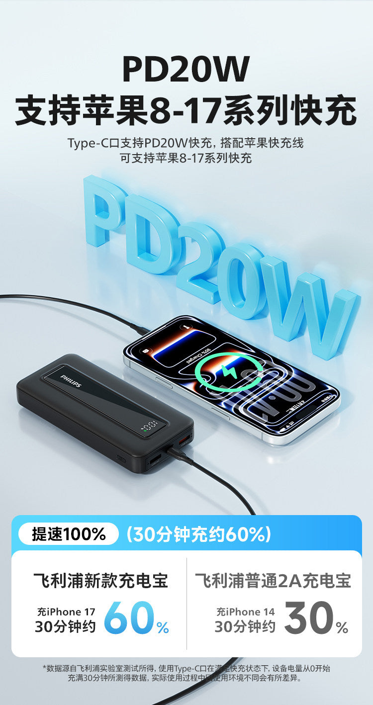 2026新款飞利浦充电宝快充20000毫安大容量自带双线便携移动电源适用安卓小米苹果3C国标认证可上飞机