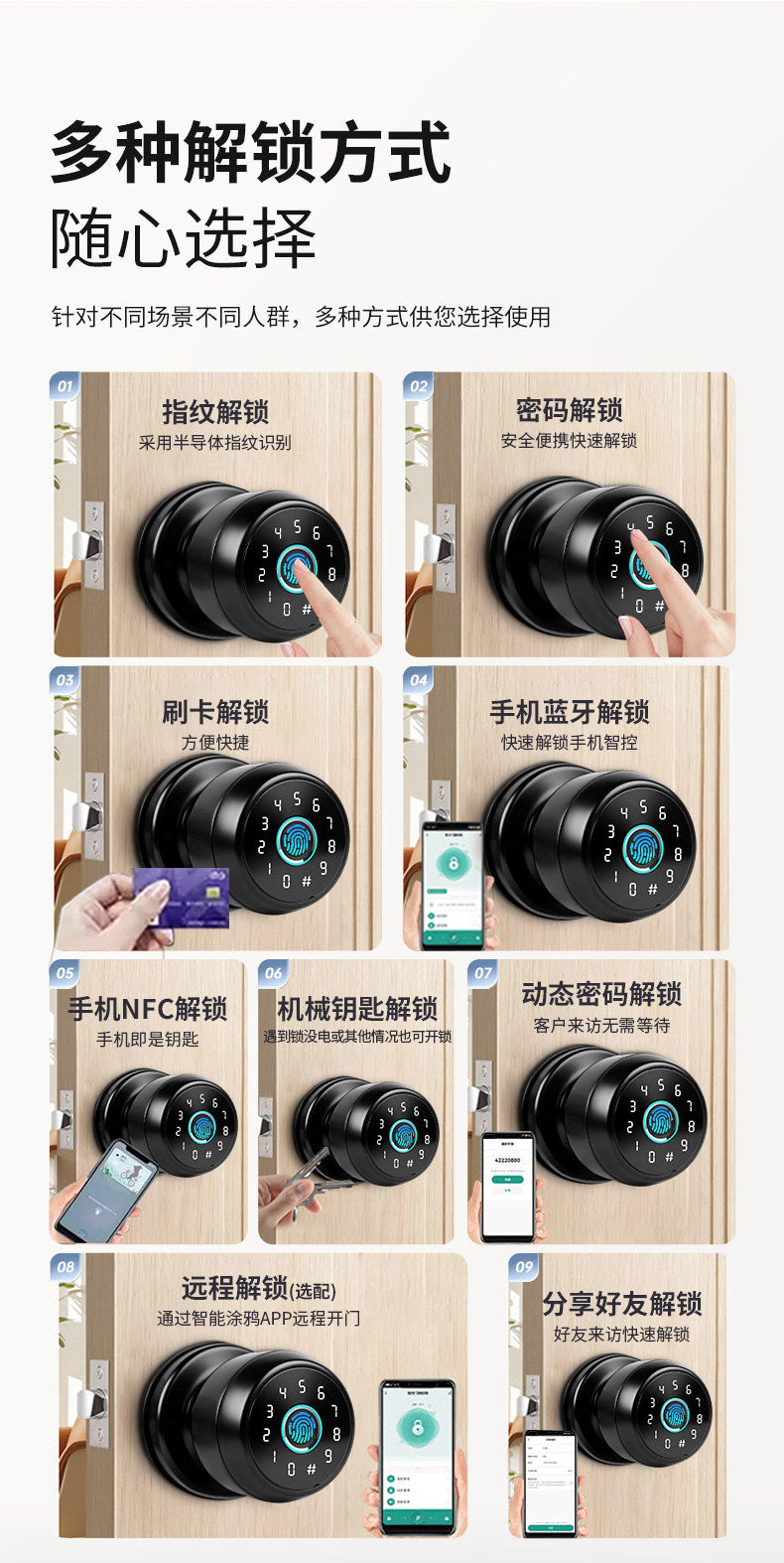 木门指纹锁家用卧室智能门锁圆形密码锁室内房间球形电子锁办公室