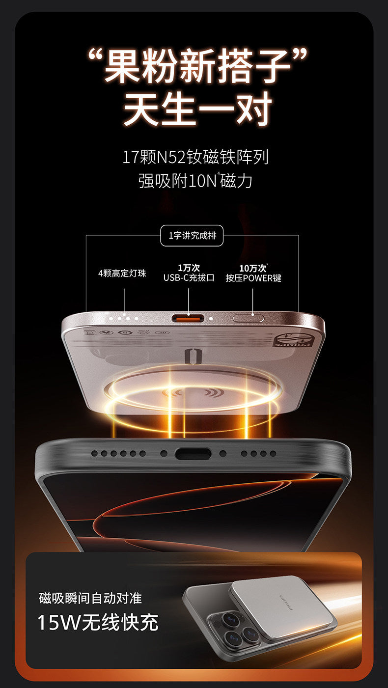 飞利浦卡片磁吸2026新款无线充电宝器适用苹果17_16超薄小巧便携iphone专用华为小米快充3C认证移动电源飞机