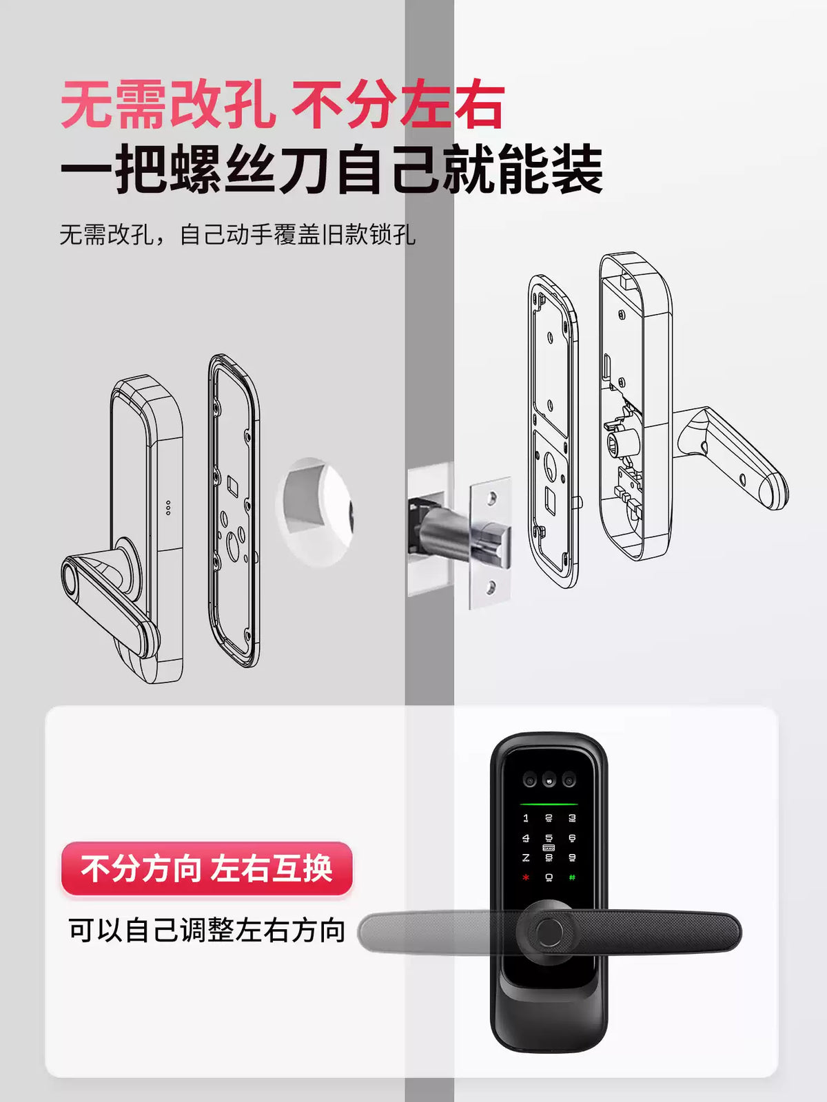人脸识别室内指纹锁木门密码锁家用智能锁办公室密码球锁免改孔