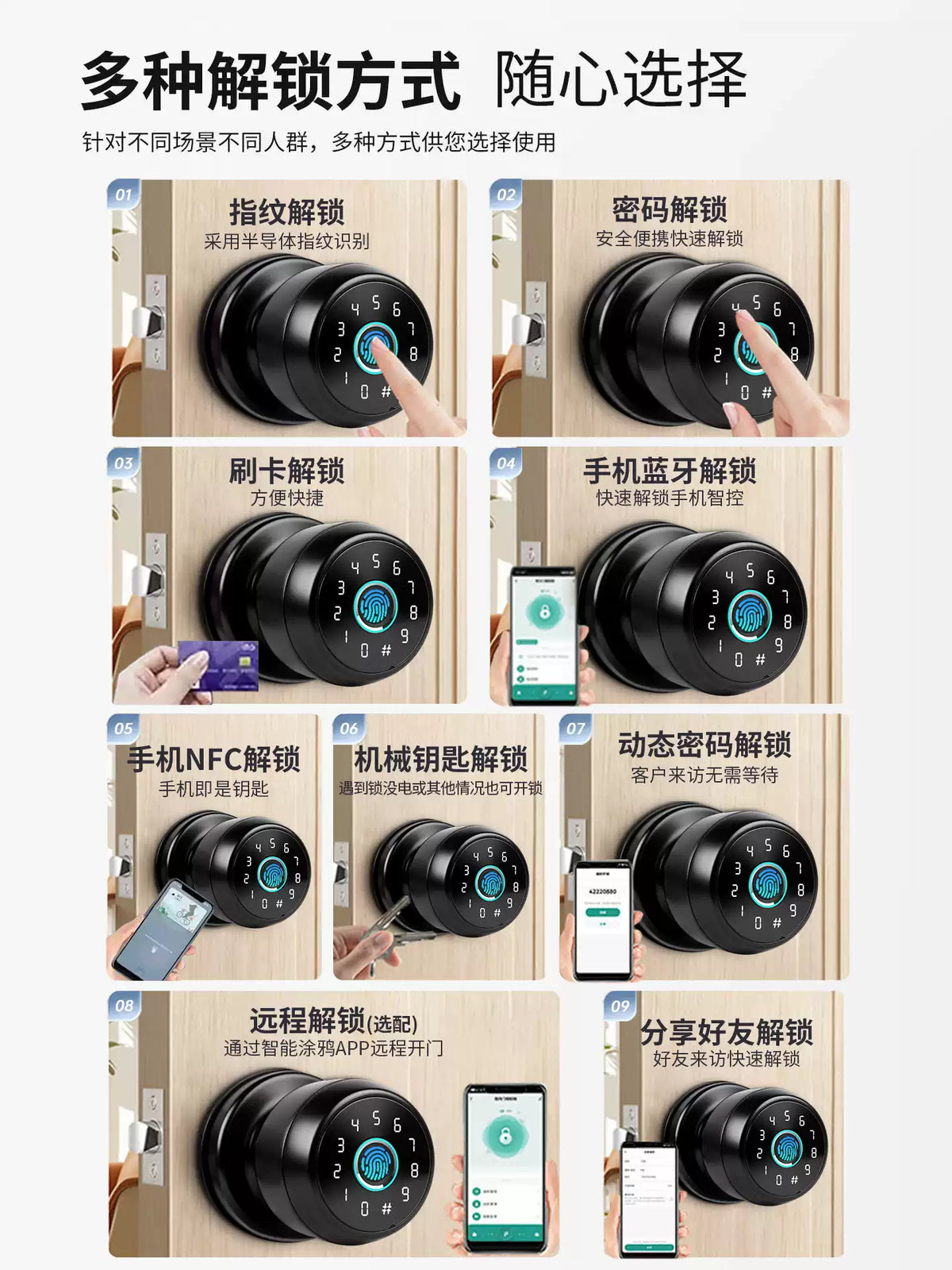 木门指纹锁家用卧室智能门锁圆形密码锁室内房间球形电子锁办公室